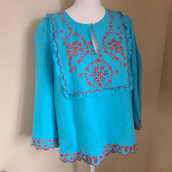 j. crew linen top embroidered turquoise blue size M - Picture 2 of 6